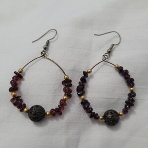 Artisan Garnet Gold Toned Bead Dangle Drop Earrings Handmade